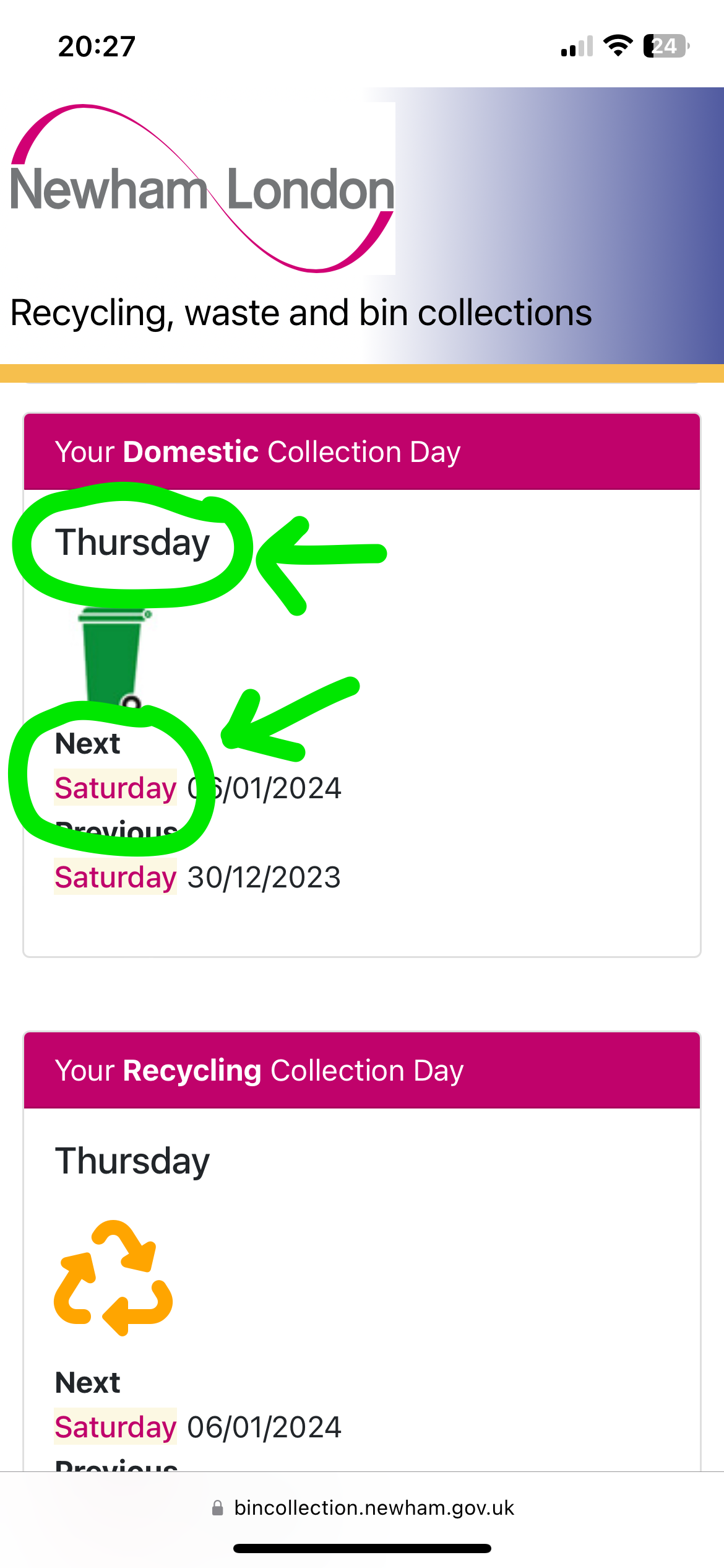 Newham bin collection screenshot